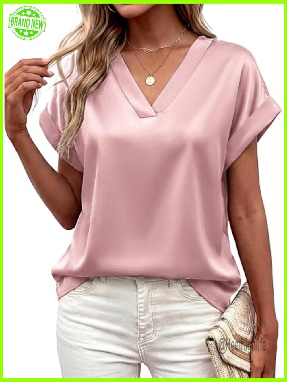 Satin V Neck Blouse Loose Fit Short Sleeve Silk Tops Business Casual